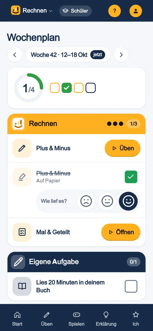 Der Wochenplan auf dem Handy eines Kindes: die Aufgaben pro Fach, mit Öffnen, Häkchen und drei Smileys.